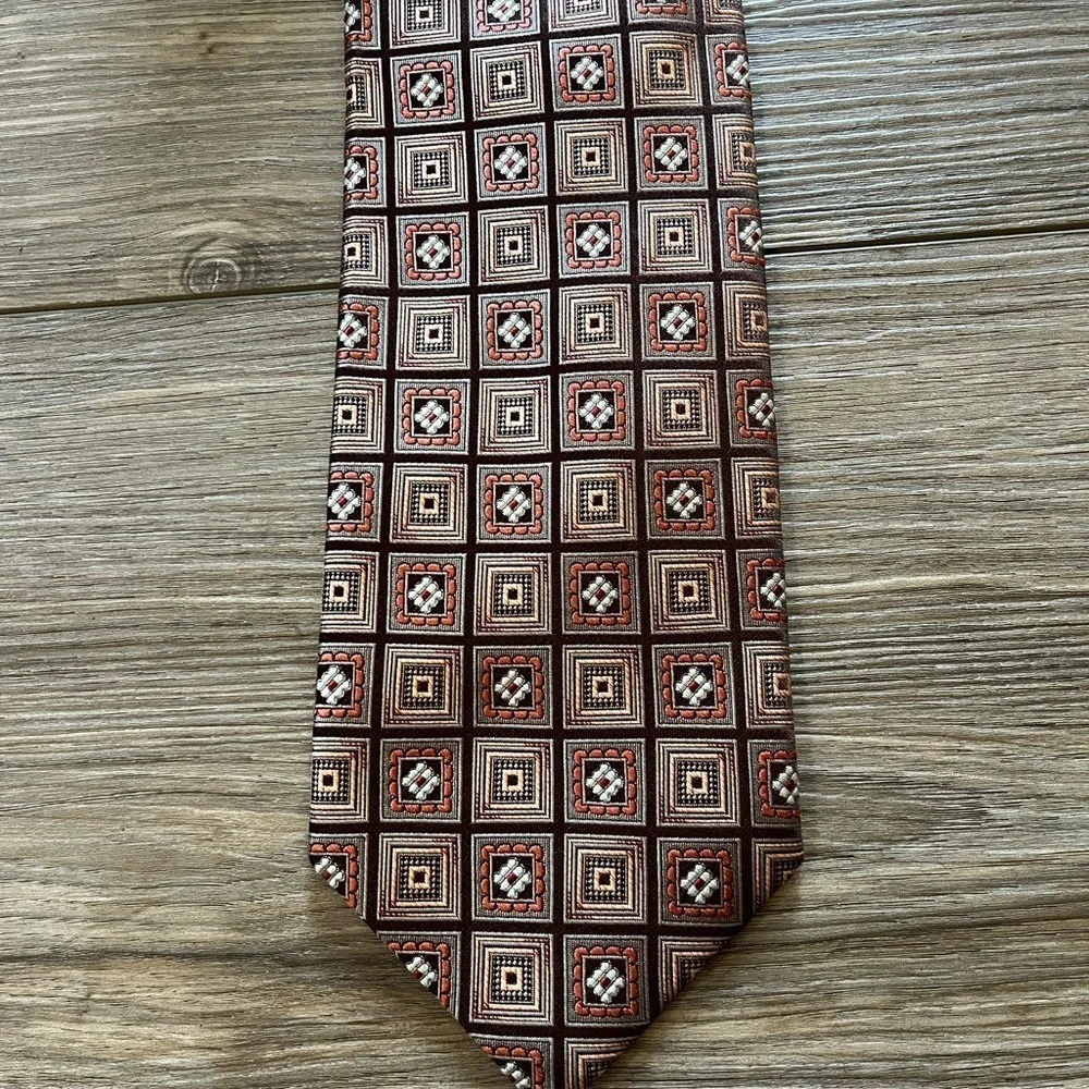 Burma Bibas Geometric Silk Necktie Brown‎ Square Pattern One Size